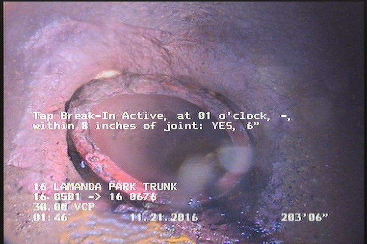 Tap Break-In Active, at 01 o'clock, -, within 8 inches of joint: YES, 6"