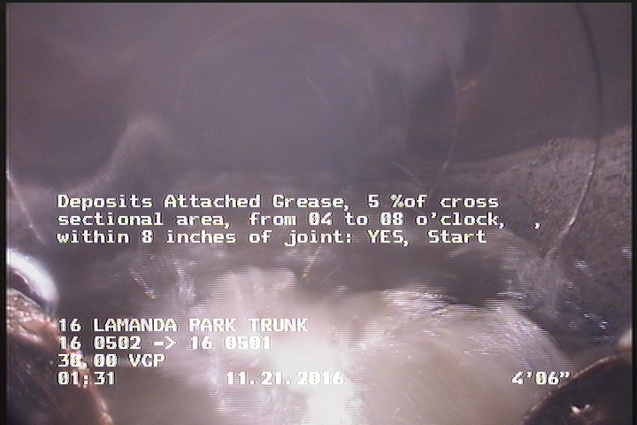 Deposits Attached Grease, 5 %of cross sectional area, from 04 to 08 o'clock, , within 8 inches of joint: YES, Start
