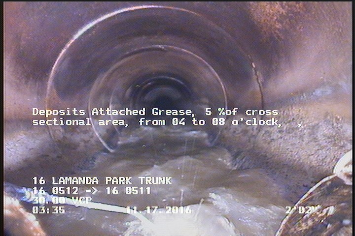 Deposits Attached Grease, 5 %of cross sectional area, from 04 to 08 o'clock, , within 8 inches of joint: YES, Start