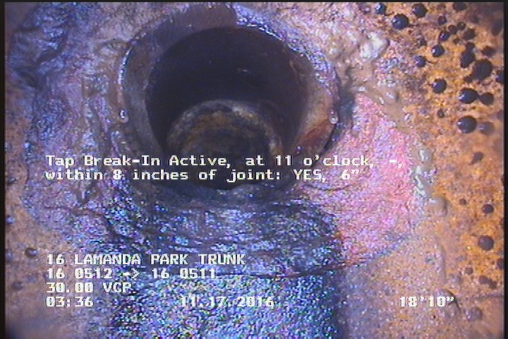 Tap Break-In Active, at 11 o'clock, -, within 8 inches of joint: YES, 6"