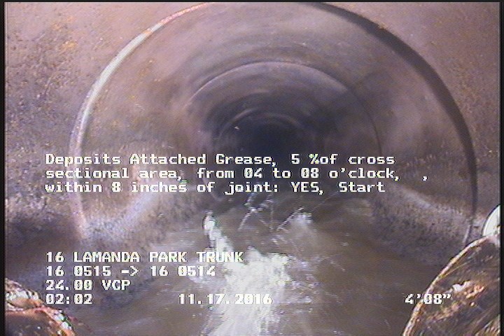 Deposits Attached Grease, 5 %of cross sectional area, from 04 to 08 o'clock, , within 8 inches of joint: YES, Start