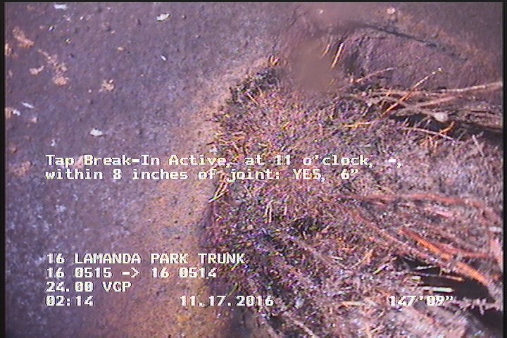Tap Break-In Active, at 11 o'clock, -, within 8 inches of joint: YES, 6"