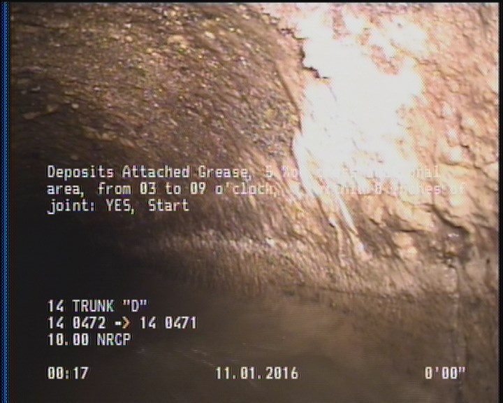 Deposits Attached Grease, 5 %of cross sectional area, from 03 to 09 o'clock, , within 8 inches of joint: YES, Start