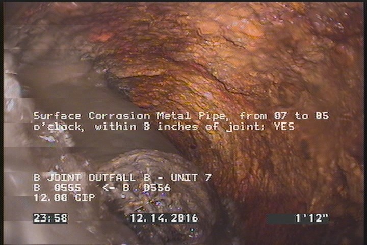 Surface Corrosion Metal Pipe, from 07 to 05 o'clock, within 8 inches of joint: YES