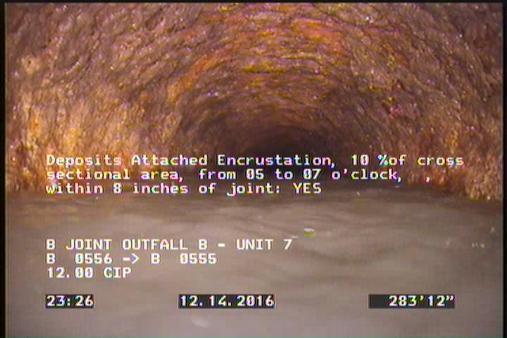 Deposits Attached Encrustation, 10 %of cross sectional area, from 05 to 07 o'clock, , within 8 inches of joint: YES