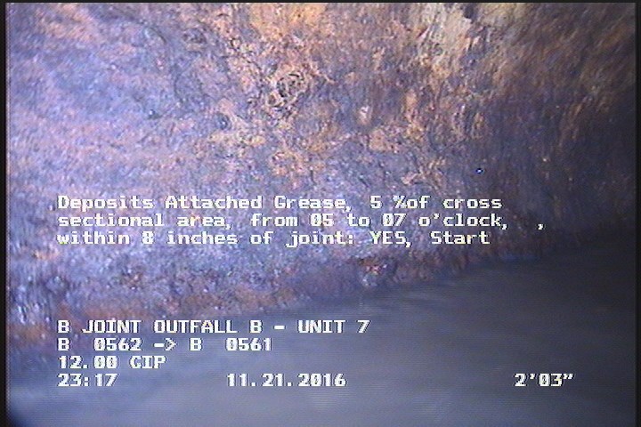 Deposits Attached Grease, 5 %of cross sectional area, from 05 to 07 o'clock, , within 8 inches of joint: YES, Start