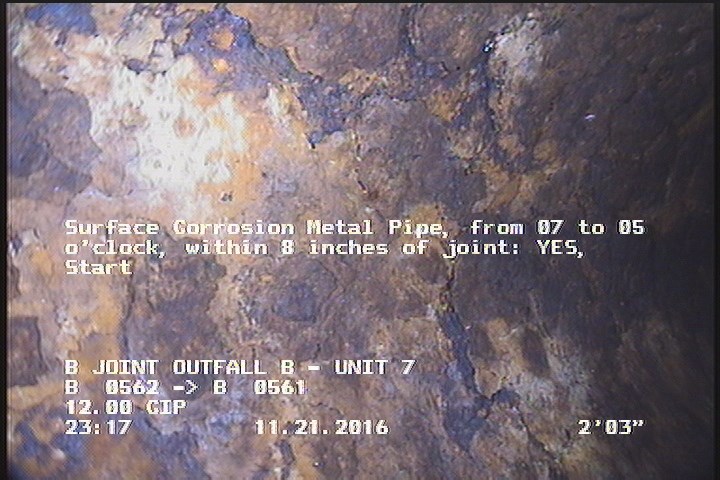 Surface Corrosion Metal Pipe, from 07 to 05 o'clock, within 8 inches of joint: YES, Start