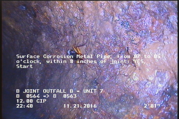 Surface Corrosion Metal Pipe, from 07 to 05 o'clock, within 8 inches of joint: YES, Start