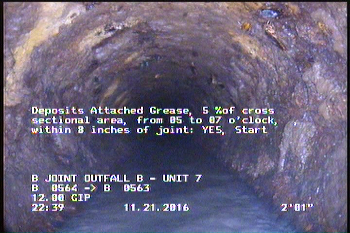 Deposits Attached Grease, 5 %of cross sectional area, from 05 to 07 o'clock, , within 8 inches of joint: YES, Start
