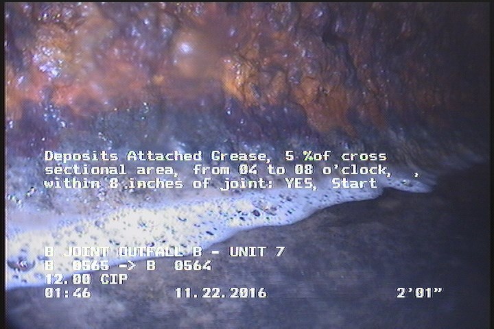 Deposits Attached Grease, 5 %of cross sectional area, from 04 to 08 o'clock, , within 8 inches of joint: YES, Start