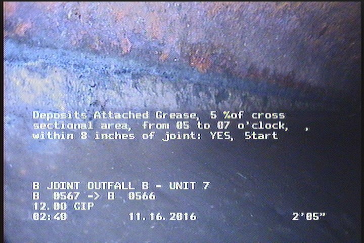 Deposits Attached Grease, 5 %of cross sectional area, from 05 to 07 o'clock, , within 8 inches of joint: YES, Start