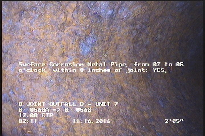 Surface Corrosion Metal Pipe, from 07 to 05 o'clock, within 8 inches of joint: YES, Start