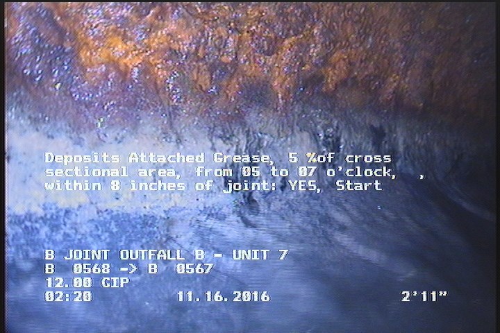 Deposits Attached Grease, 5 %of cross sectional area, from 05 to 07 o'clock, , within 8 inches of joint: YES, Start