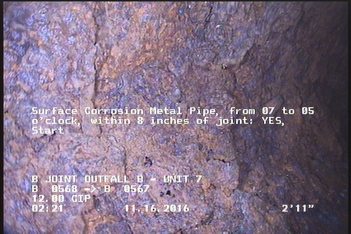 Surface Corrosion Metal Pipe, from 07 to 05 o'clock, within 8 inches of joint: YES, Start