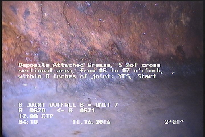 Deposits Attached Grease, 5 %of cross sectional area, from 05 to 07 o'clock, , within 8 inches of joint: YES, Start