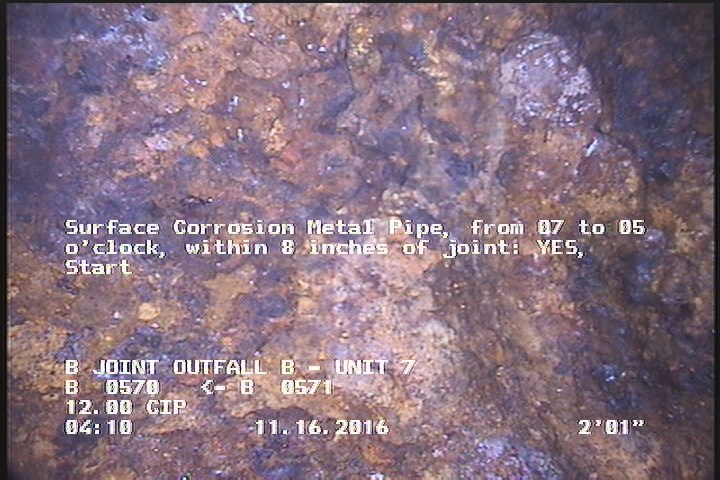 Surface Corrosion Metal Pipe, from 07 to 05 o'clock, within 8 inches of joint: YES, Start