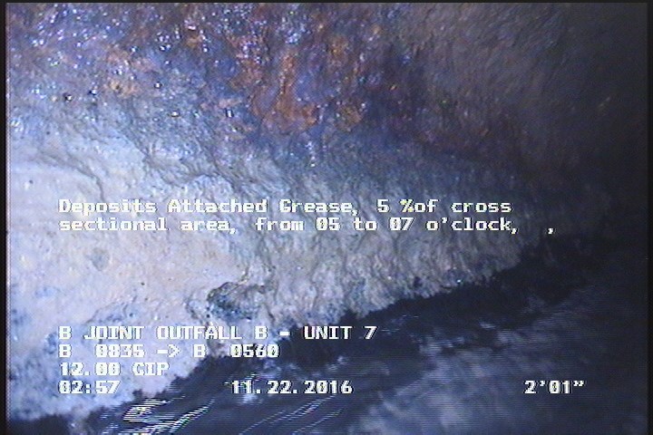 Deposits Attached Grease, 5 %of cross sectional area, from 05 to 07 o'clock, , within 8 inches of joint: YES, Start