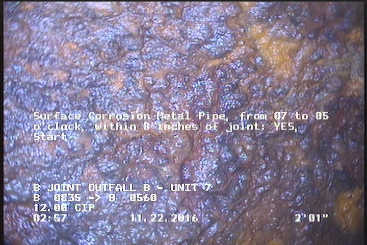 Surface Corrosion Metal Pipe, from 07 to 05 o'clock, within 8 inches of joint: YES, Start