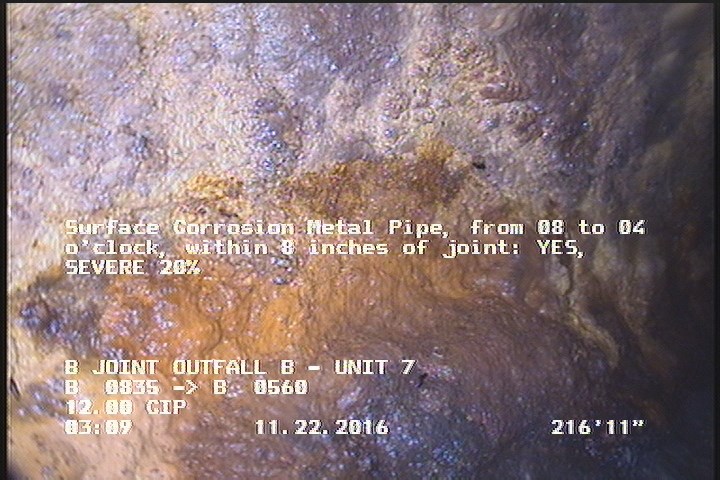 Surface Corrosion Metal Pipe, from 08 to 04 o'clock, within 8 inches of joint: YES - SEVERE 20%