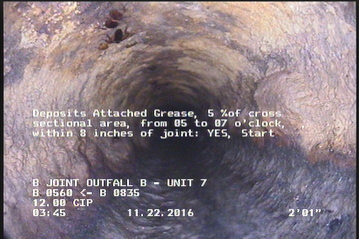 Deposits Attached Grease, 5 %of cross sectional area, from 05 to 07 o'clock, , within 8 inches of joint: YES, Start
