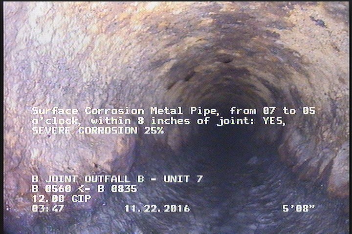 Surface Corrosion Metal Pipe, from 07 to 05 o'clock, within 8 inches of joint: YES - SEVERE CORROSION 25%