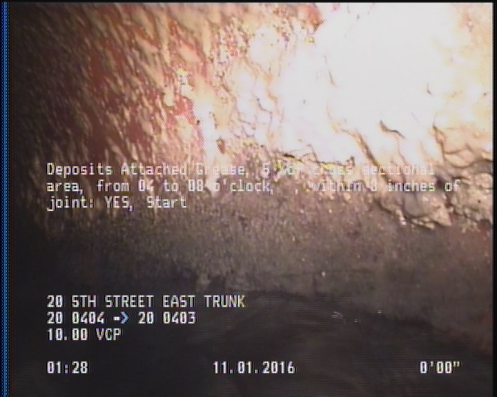 Deposits Attached Grease, 5 %of cross sectional area, from 04 to 08 o'clock, , within 8 inches of joint: YES, Start
