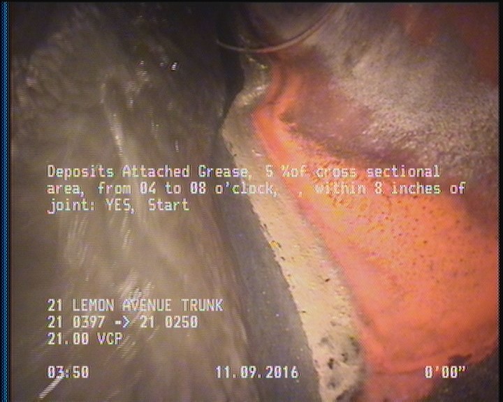Deposits Attached Grease, 5 %of cross sectional area, from 04 to 08 o'clock, , within 8 inches of joint: YES, Start