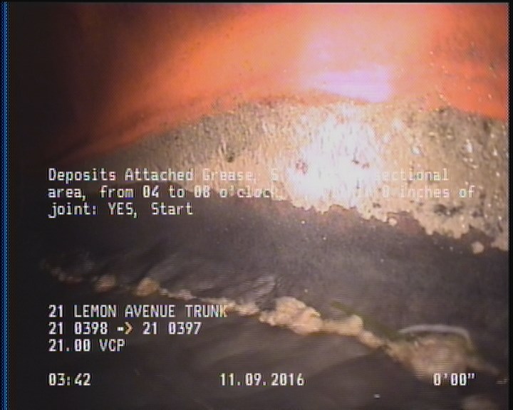 Deposits Attached Grease, 5 %of cross sectional area, from 04 to 08 o'clock, , within 8 inches of joint: YES, Start
