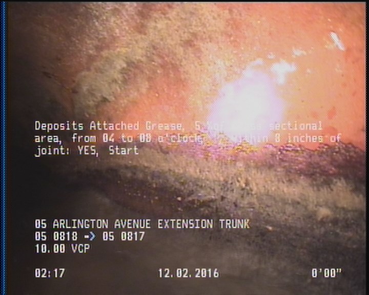 Deposits Attached Grease, 5 %of cross sectional area, from 04 to 08 o'clock, , within 8 inches of joint: YES, Start