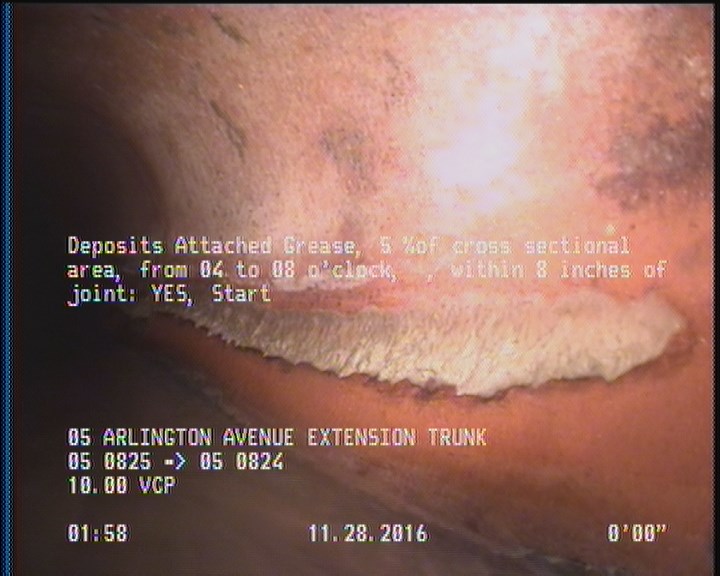 Deposits Attached Grease, 5 %of cross sectional area, from 04 to 08 o'clock, , within 8 inches of joint: YES, Start