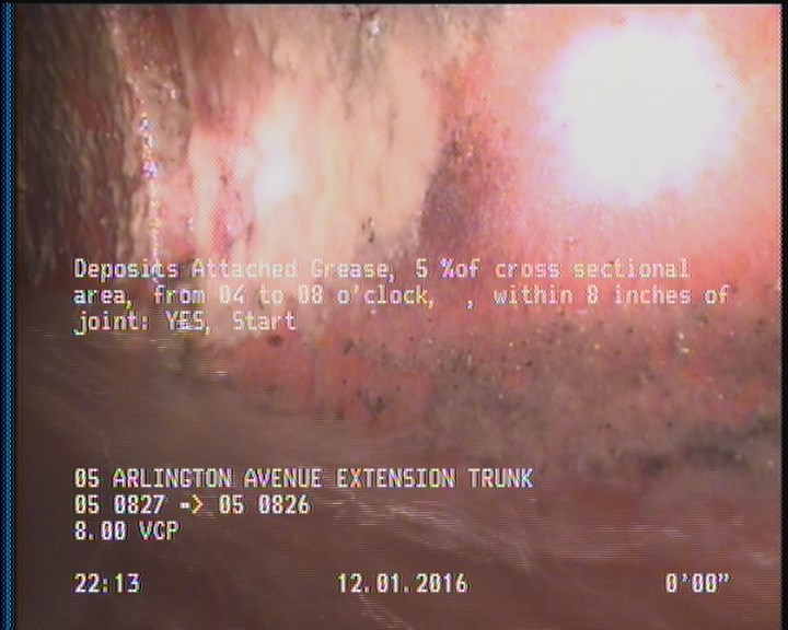 Deposits Attached Grease, 5 %of cross sectional area, from 04 to 08 o'clock, , within 8 inches of joint: YES, Start