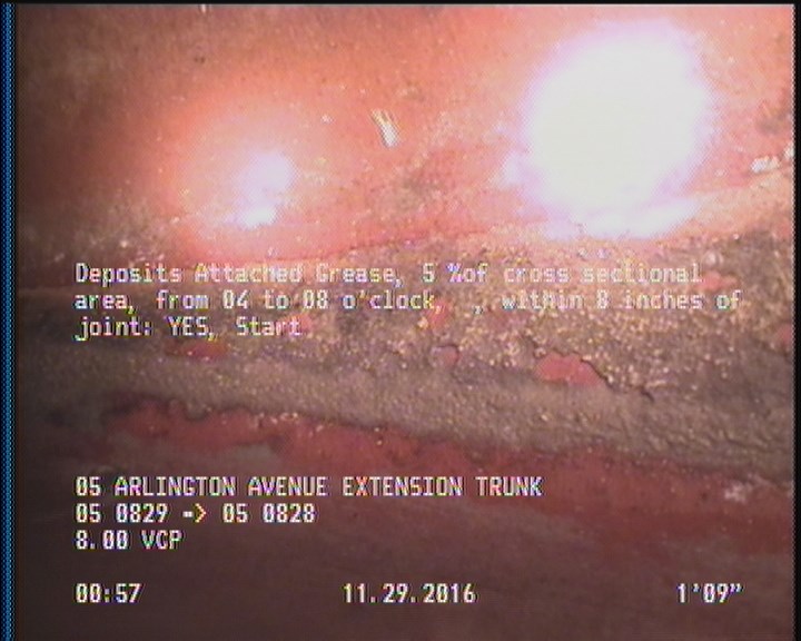 Deposits Attached Grease, 5 %of cross sectional area, from 04 to 08 o'clock, , within 8 inches of joint: YES, Start