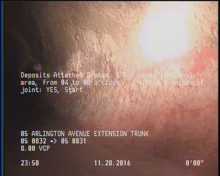Deposits Attached Grease, 5 %of cross sectional area, from 04 to 08 o'clock, , within 8 inches of joint: YES, Start