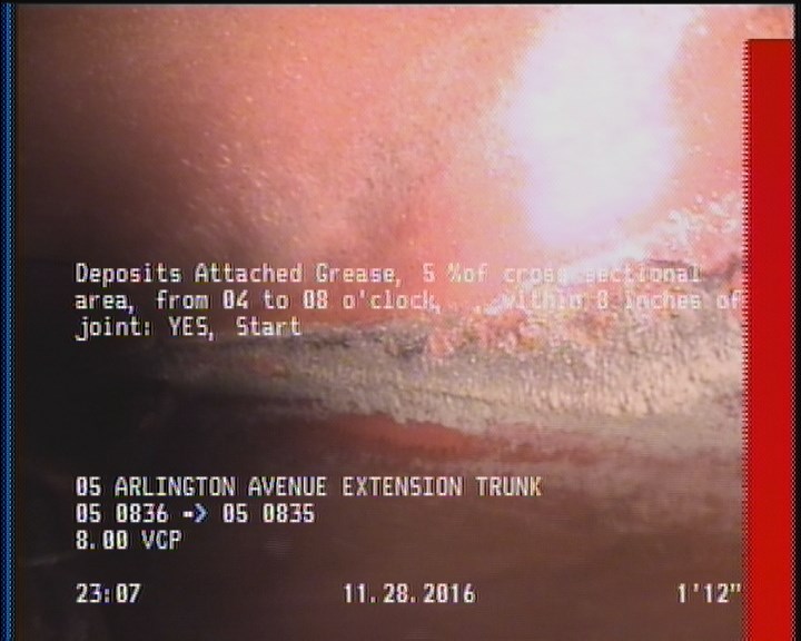 Deposits Attached Grease, 5 %of cross sectional area, from 04 to 08 o'clock, , within 8 inches of joint: YES, Start