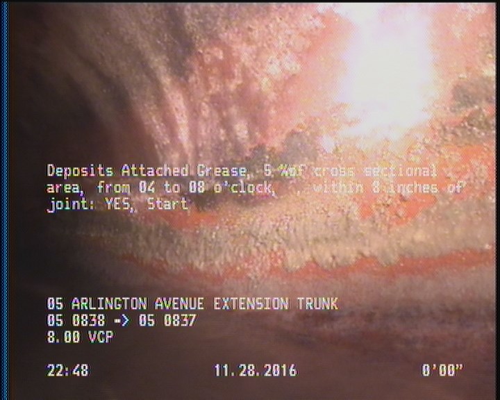 Deposits Attached Grease, 5 %of cross sectional area, from 04 to 08 o'clock, , within 8 inches of joint: YES, Start