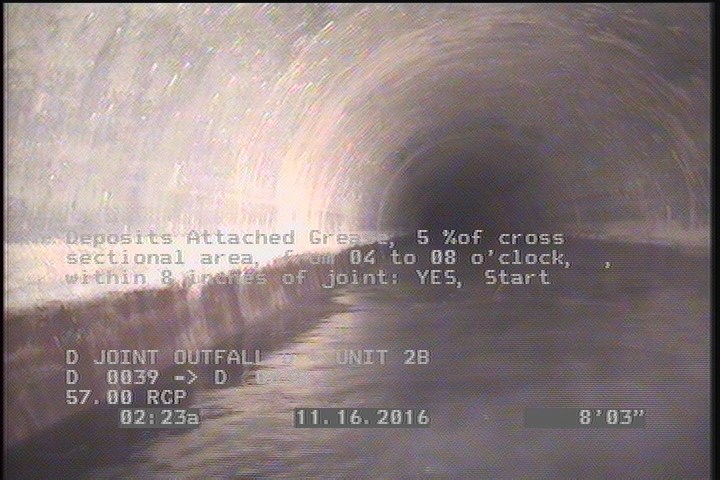 Deposits Attached Grease, 5 %of cross sectional area, from 04 to 08 o'clock, , within 8 inches of joint: YES, Start