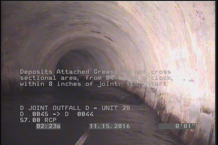 Deposits Attached Grease, 5 %of cross sectional area, from 04 to 08 o'clock, , within 8 inches of joint: YES, Start