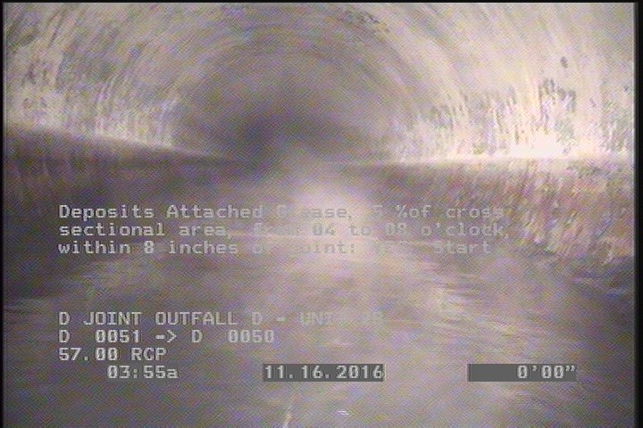 Deposits Attached Grease, 5 %of cross sectional area, from 04 to 08 o'clock, , within 8 inches of joint: YES, Start