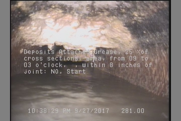 Deposits Attached Grease, 25 %of cross sectional area, from 09 to 03 o'clock, , within 8 inches of joint: NO, Start