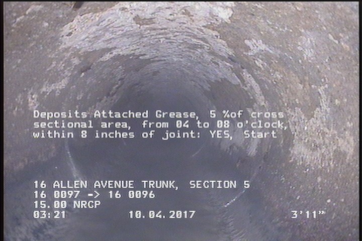 Deposits Attached Grease, 5 %of cross sectional area, from 04 to 08 o'clock, , within 8 inches of joint: YES, Start