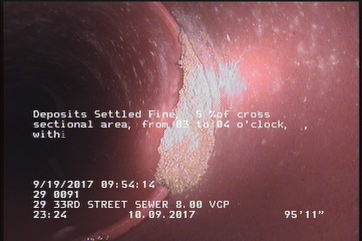Deposits Settled Fine, 5 %of cross sectional area, from 03 to 04 o'clock, , within 8 inches of joint: YES