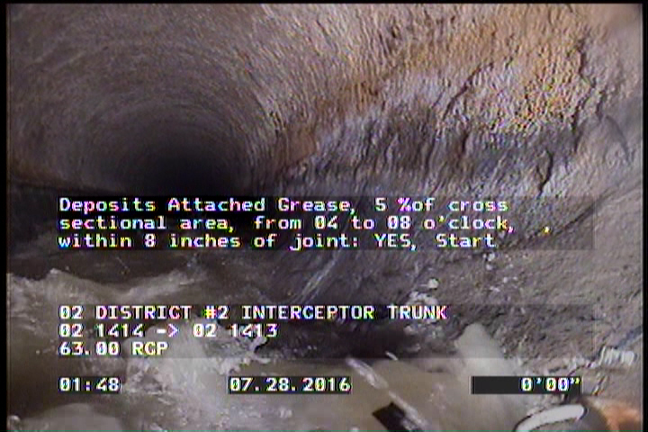 Deposits Attached Grease, 5 %of cross sectional area, from 04 to 08 o'clock, , within 8 inches of joint: YES, Start