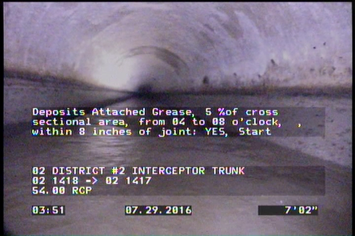 Deposits Attached Grease, 5 %of cross sectional area, from 04 to 08 o'clock, , within 8 inches of joint: YES, Start