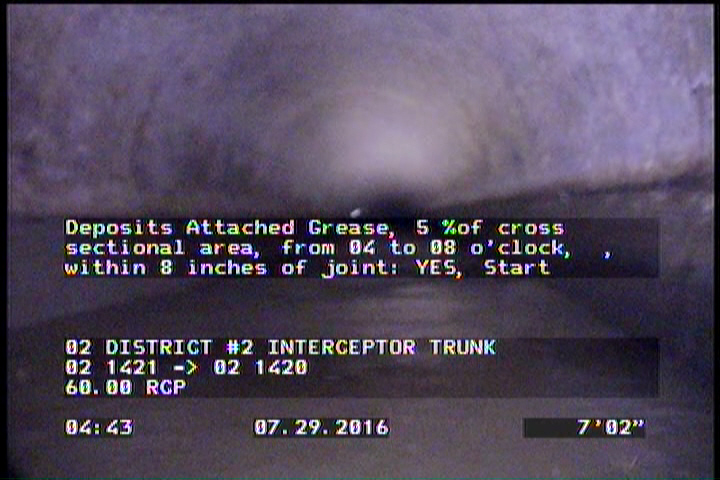 Deposits Attached Grease, 5 %of cross sectional area, from 04 to 08 o'clock, , within 8 inches of joint: YES, Start
