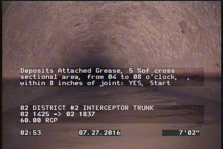 Deposits Attached Grease, 5 %of cross sectional area, from 04 to 08 o'clock, , within 8 inches of joint: YES, Start