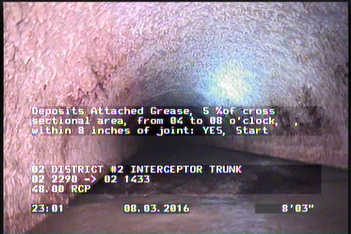 Deposits Attached Grease, 5 %of cross sectional area, from 04 to 08 o'clock, , within 8 inches of joint: YES, Start