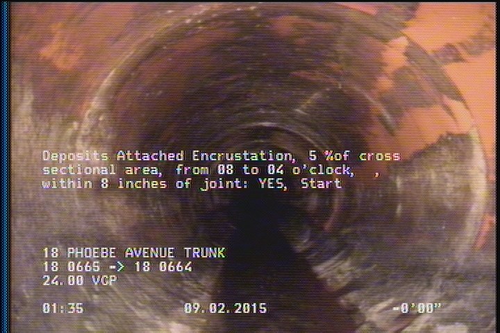 Deposits Attached Encrustation, 5 %of cross sectional area, from 08 to 04 o'clock, , within 8 inches of joint: YES, Start
