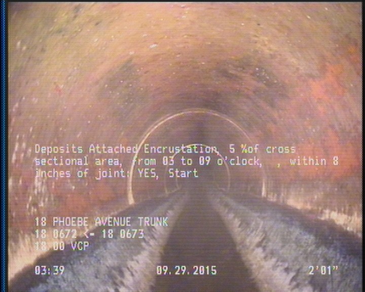 Deposits Attached Encrustation, 5 %of cross sectional area, from 03 to 09 o'clock, , within 8 inches of joint: YES, Start