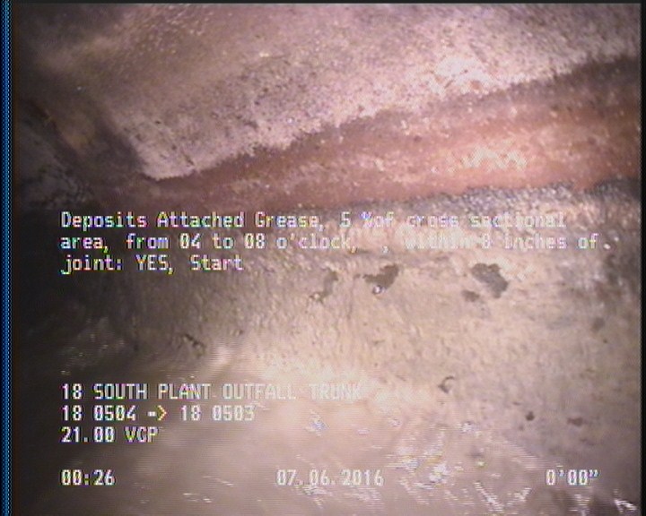 Deposits Attached Grease, 5 %of cross sectional area, from 04 to 08 o'clock, , within 8 inches of joint: YES, Start