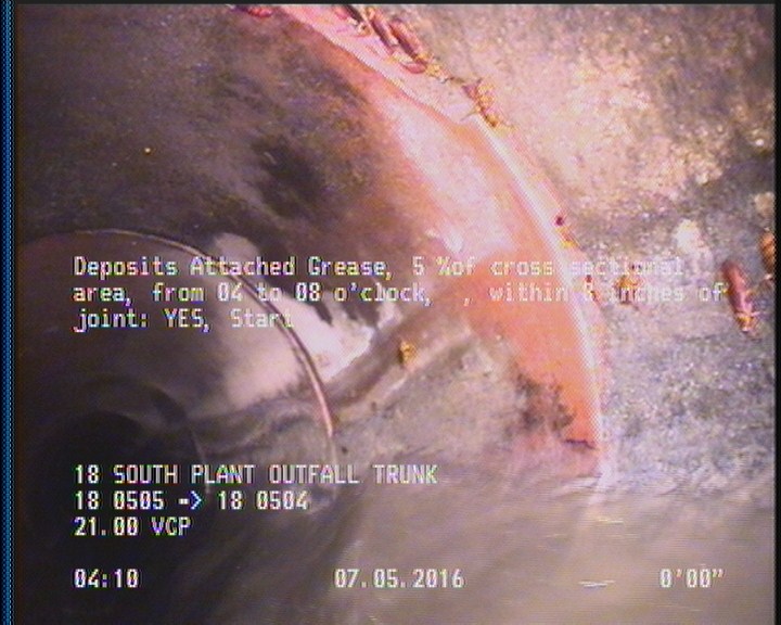 Deposits Attached Grease, 5 %of cross sectional area, from 04 to 08 o'clock, , within 8 inches of joint: YES, Start